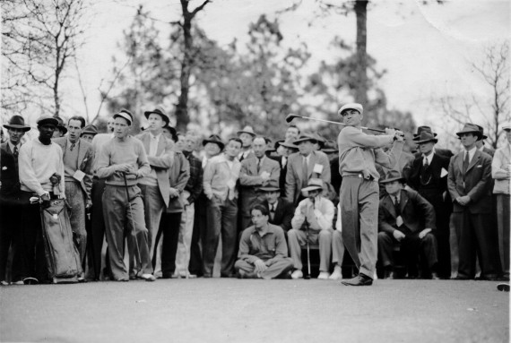 Ben Hogan tees off during the 1951 Ryder Cup at Pinehurst No. 2.