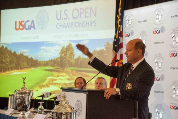 USGA Executive Director Mike Davis speaks at Pinehurst during U.S. Open Media Day. (Photo by John Gessner)
