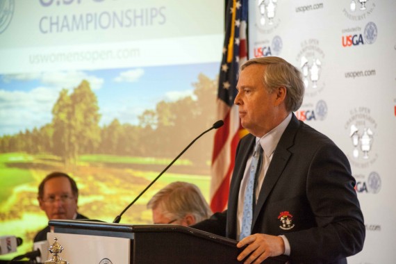Pinehurst Owner Robert Dedman Jr. addresses the media at Pinehurst on U.,S. Open Media Day. (Photo by John Gessner)