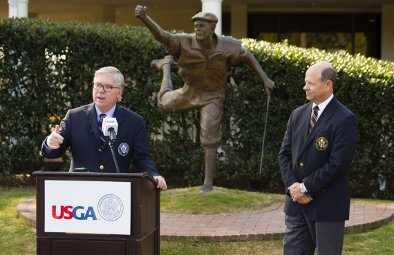 USGA President Thomas J. O'Toole announces Payne Stewart as the 2014 Bob Jones Award recipient alongside USGA Executive Director Mike Davis (right) in Pinehurst.