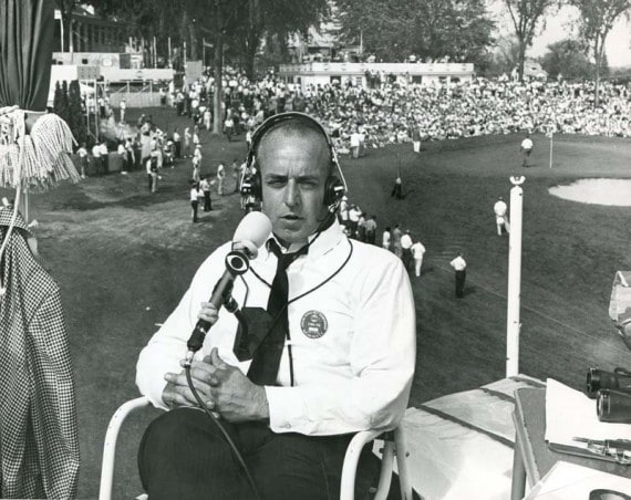 John Derr at home in his element - from a TV tower broadcasting golf for CBS.